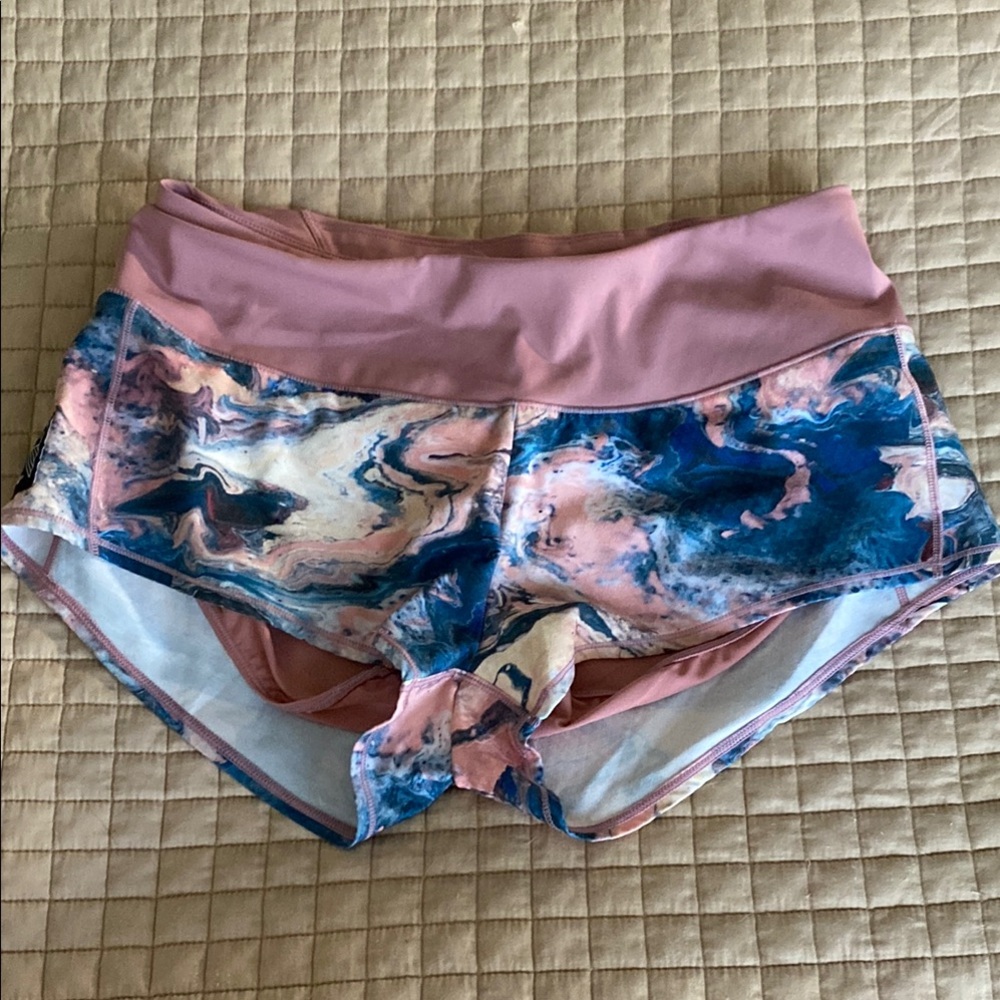 Oiselle Pink and Blue Marble Mac Roga Running Shorts Size 4